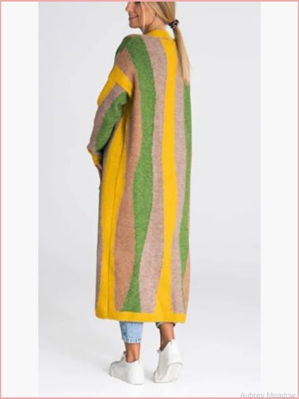 Open Front Color Block Long Cardigan Sweater Coat Casual Vertical Striped - Picture 2 of 4